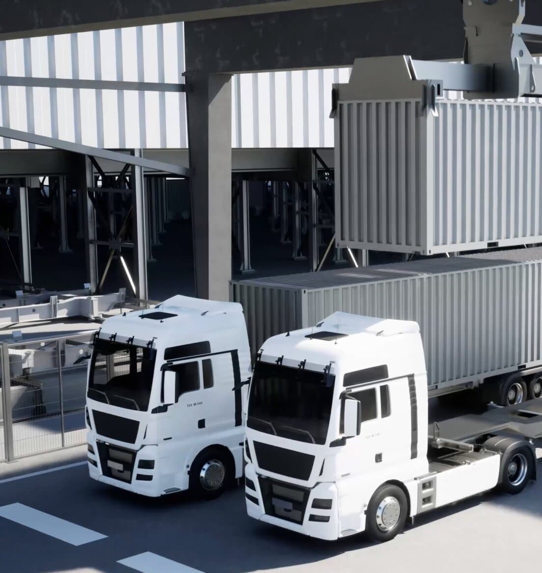 3D-Darstellung von LKW, auf die Container geladen werden.