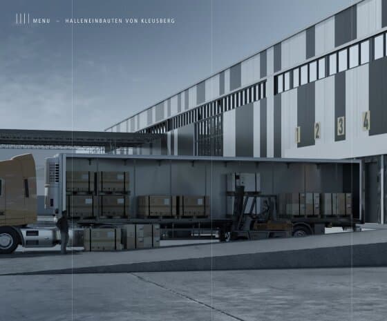 3D Rendering von einem LKW vor einer KLEUSBERG-Lagerhalle.