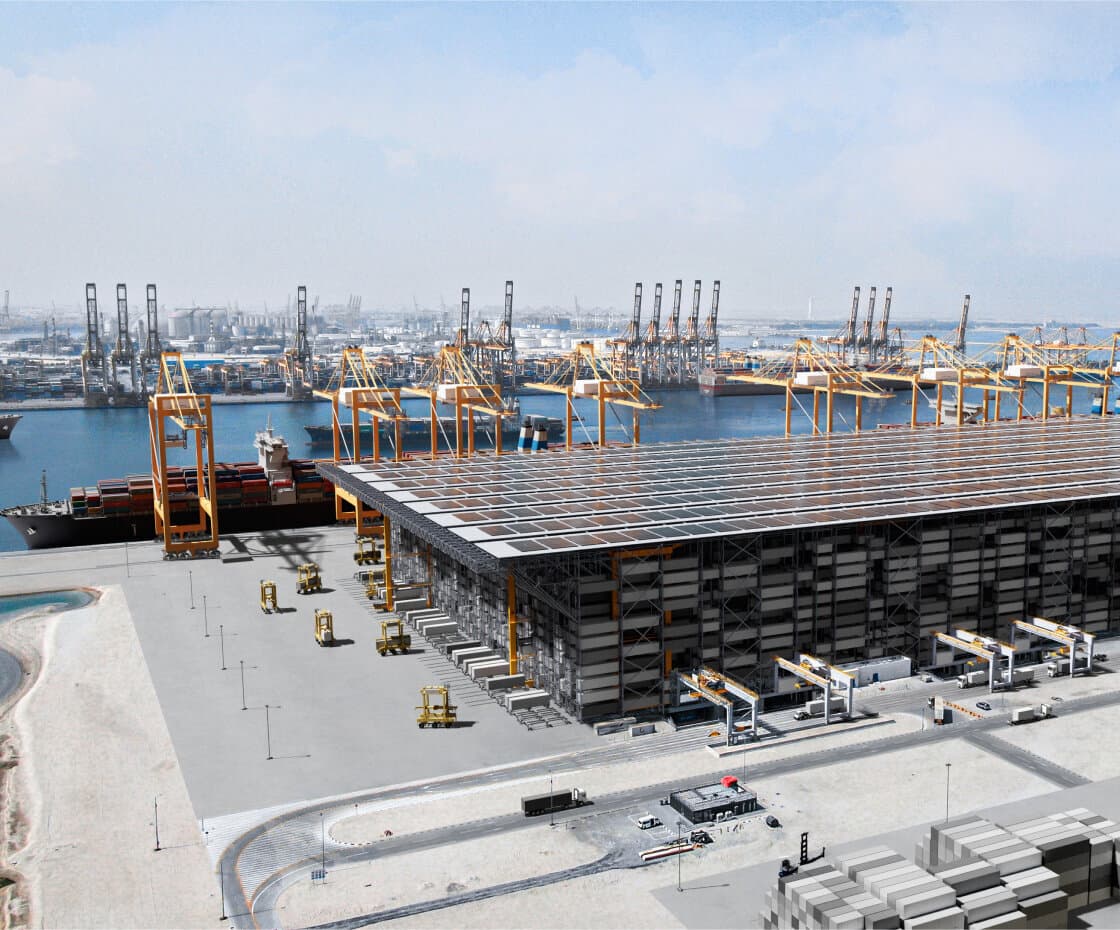 Modernes Rendering eines 3D-Containerhafen mit mehreren Kränen und Containerschiff am Pier.
