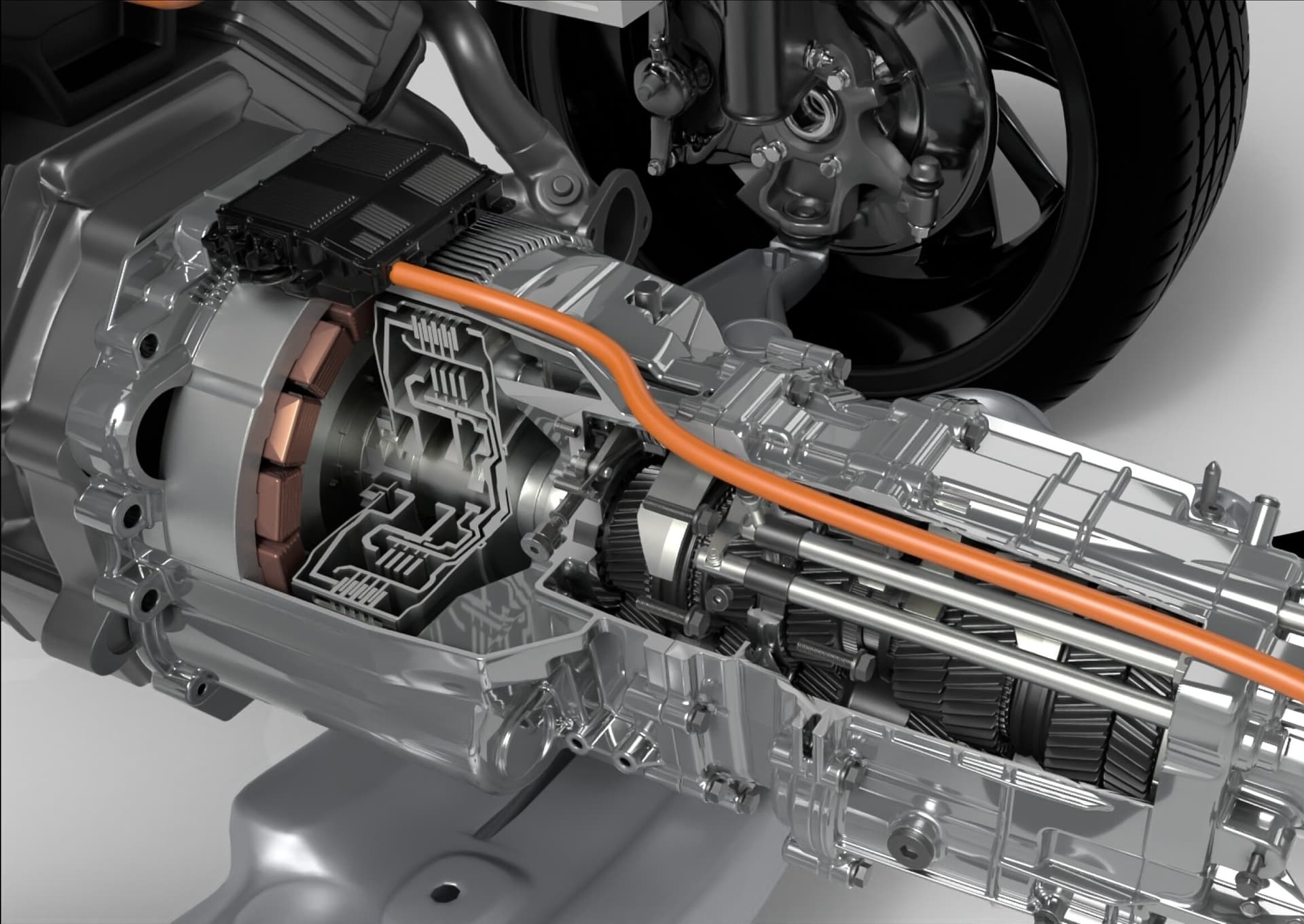 3D-Innenansicht eines Getriebes, das mit Schmiermitteln von Fuchs betrieben wird.