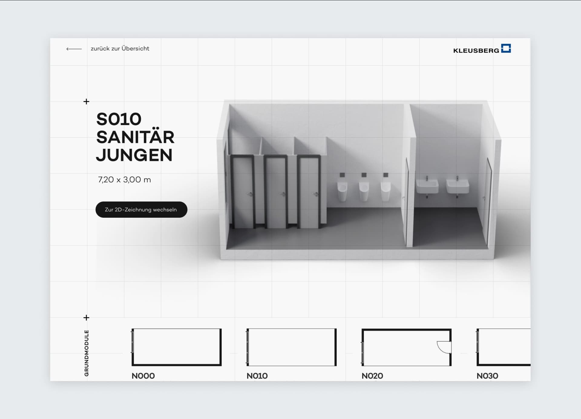 3D-Rendering auf der Schulbaukasten-Website von Sanitäranlagen mit WC-Kabinen und Waschbecken