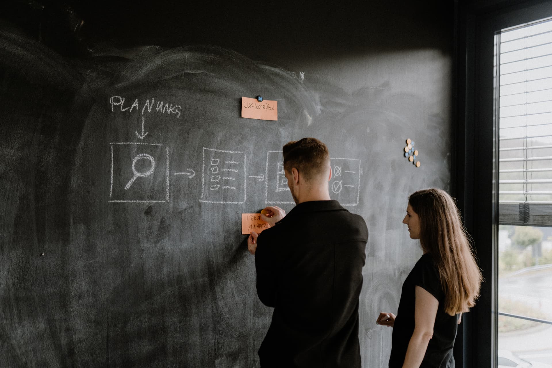 Zwei Menschen stehen an einer großen Tafel und schreiben Ideen auf.